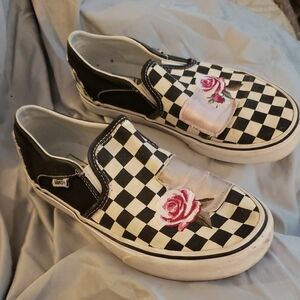 Vans Black and White Checkered Slip-Ons with Pink Rose